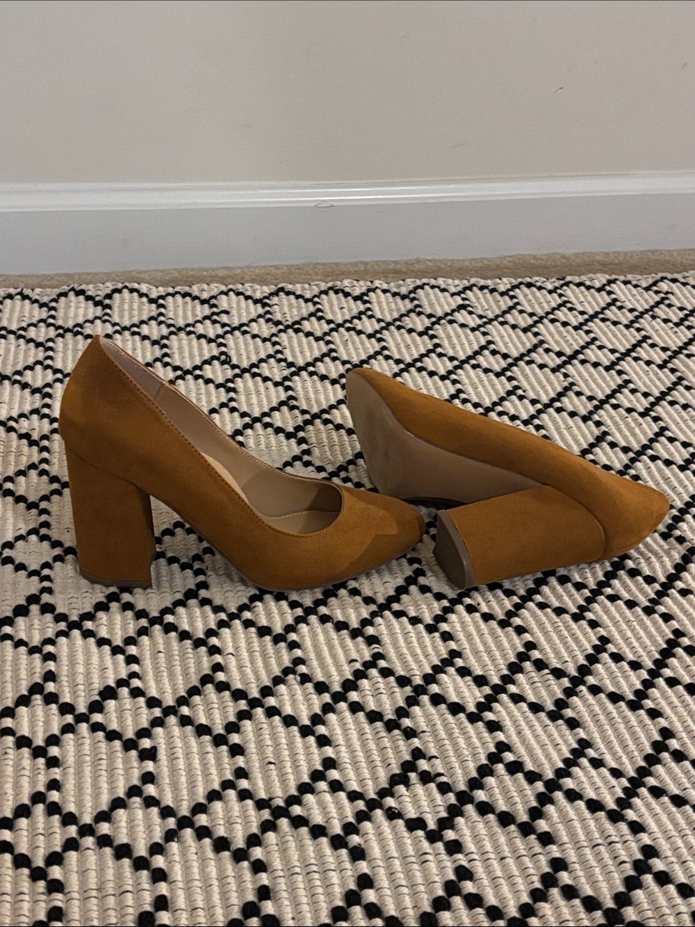 JustFab Pointed Block Heel Pumps in Camel Brown Suede - Picture 2 of 2